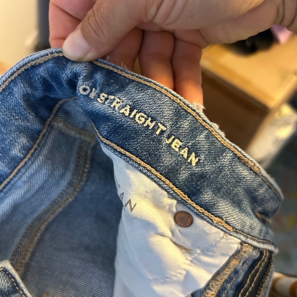 American Eagle Distressed Blue Patchwork Mom Stra… - image 5